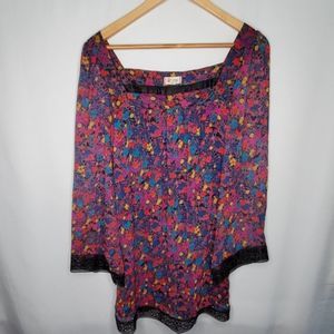 Olsenboye Sheer Floral Lace Trim Long Sleeve Mini Shift Dress Multicolor S